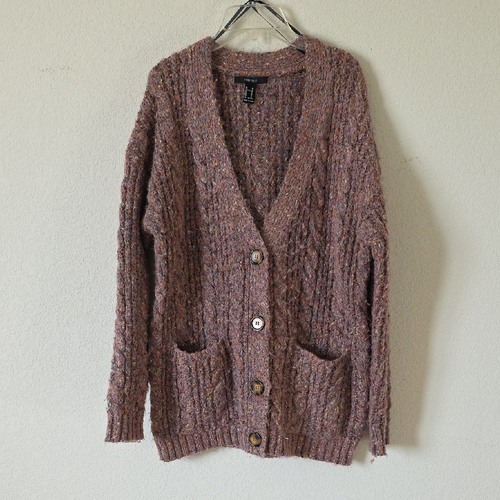 Forever 21 Cozy Brown/Light Purple Cable Knit Cardigan Sweater Size: Medium